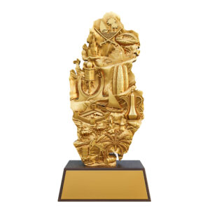 Qatar map sculpture in gold with 3D bas-relief landmarks like Al Zubarah Fort, Katara Towers, and Museum of Islamic Art.