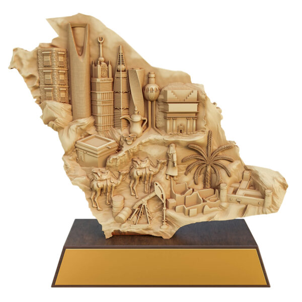 Clay-finished Saudi Arabia map sculpture with bas-relief landmarks, mounted on a dark wood-style base.