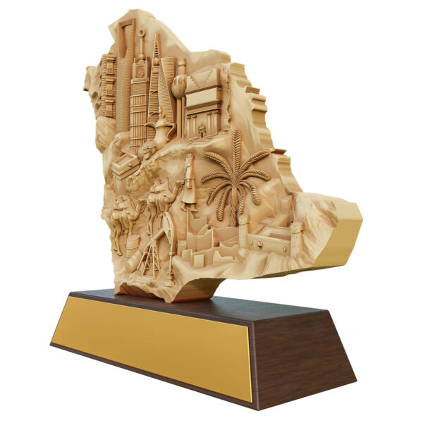 Clay-finished Saudi Arabia map sculpture with bas-relief landmarks, mounted on a dark wood-style base.