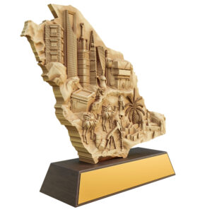 Clay-finished Saudi Arabia map sculpture with bas-relief landmarks, mounted on a dark wood-style base.