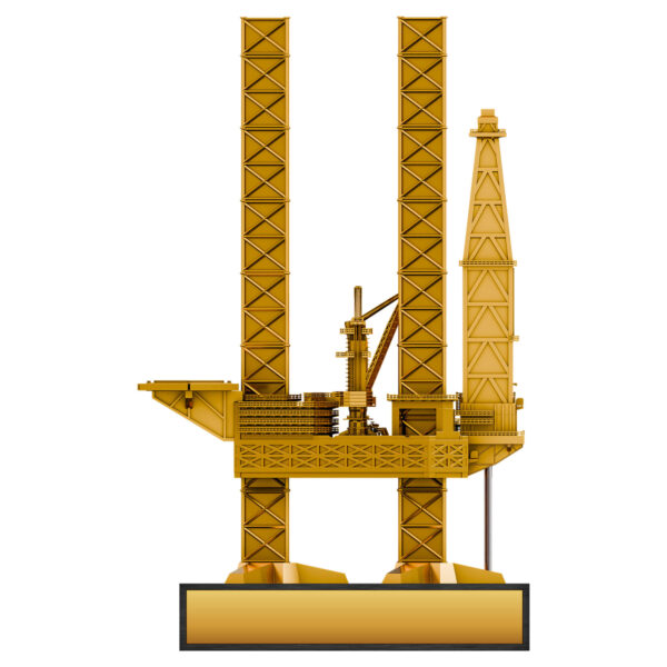 3D resin jack-up rig model in gold finish with wood-effect base and customizable metal plate