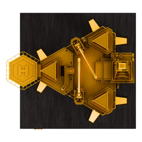 3D resin jack-up rig model in gold finish with wood-effect base and customizable metal plate