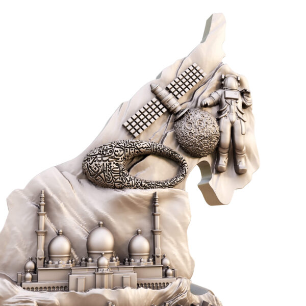 3D UAE map sculpture with seven emirates’ landmarks in antique finish, gold pen holder, and black base
