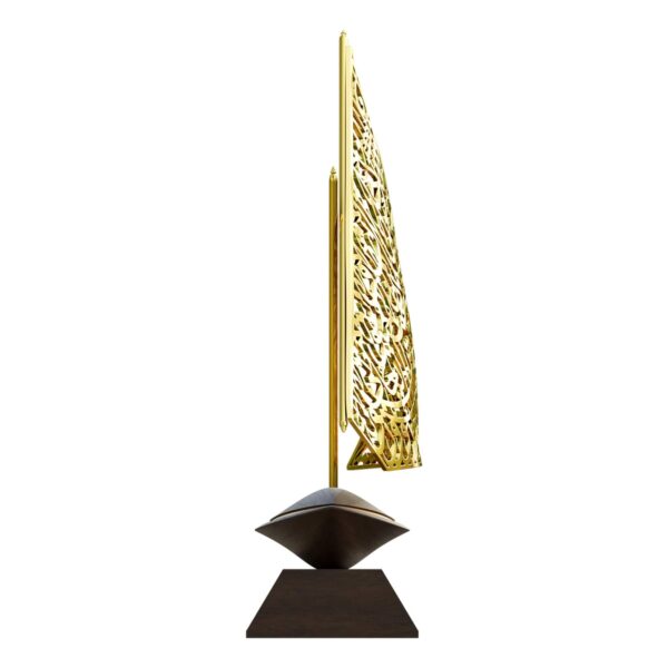 Gold calligraphy dhow sculpture on wood-effect resin base with Sheikh Zayed poem