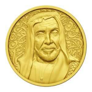 3D Brass Coin with Sheikh Zayed portrait and Arabic calligraphy background in antique gold finish