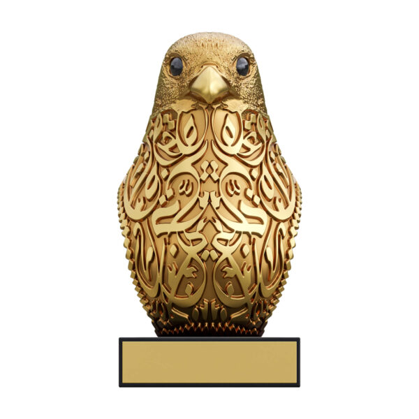 Gold-finish Peregrine Falcon bust with Arabic calligraphy on a black base
