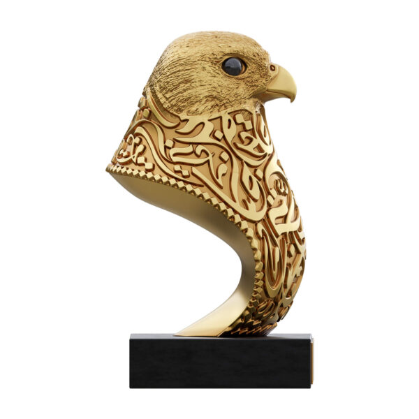 Gold-finish Peregrine Falcon bust with Arabic calligraphy on a black base