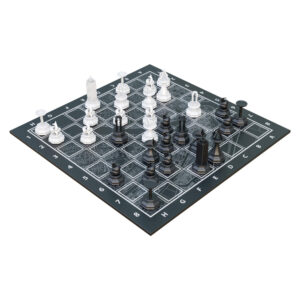 3D chess set with Dubai historical landmarks on a black acrylic board featuring Dubai Creek map