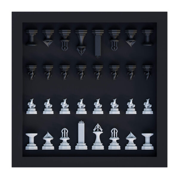 3D chess set with Dubai historical landmarks on a black acrylic board featuring Dubai Creek map