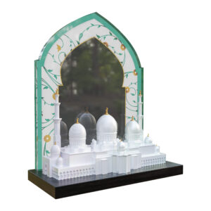 3D resin model of Sheikh Zayed Grand Mosque with floral crystal mehrab backdrop on a black base
