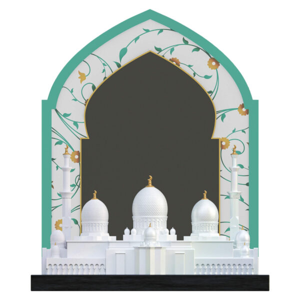 3D resin model of Sheikh Zayed Grand Mosque with floral crystal mehrab backdrop on a black base