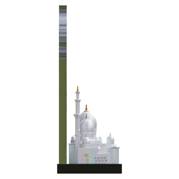 3D resin model of Sheikh Zayed Grand Mosque with floral crystal mehrab backdrop on a black base