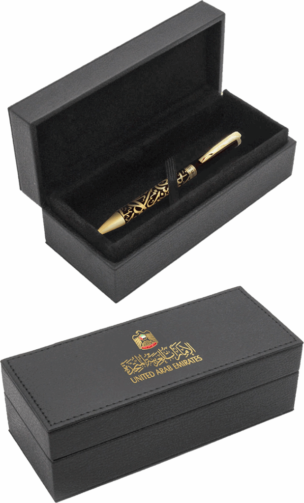 Luxury UAE pen with gold Arabic calligraphy in a black leather box featuring the UAE emblem — part of the UAE National Day Gifts 2025 executive collection.