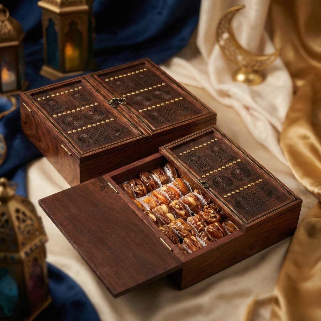 Rustic dark wood Ramadan gift chest with vintage brass. Premium Ramadan Gift Sets