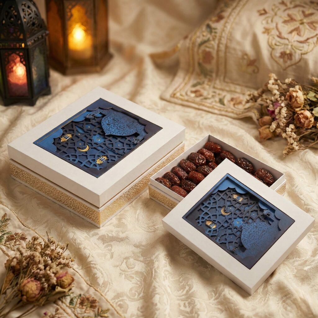 Navy blue and white gift box with layered laser-cut 3D silhouette of a mosque and lanterns.