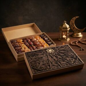 Rectangular gift box with a dark wood lid featuring complex multi-layer geometric laser cutouts.