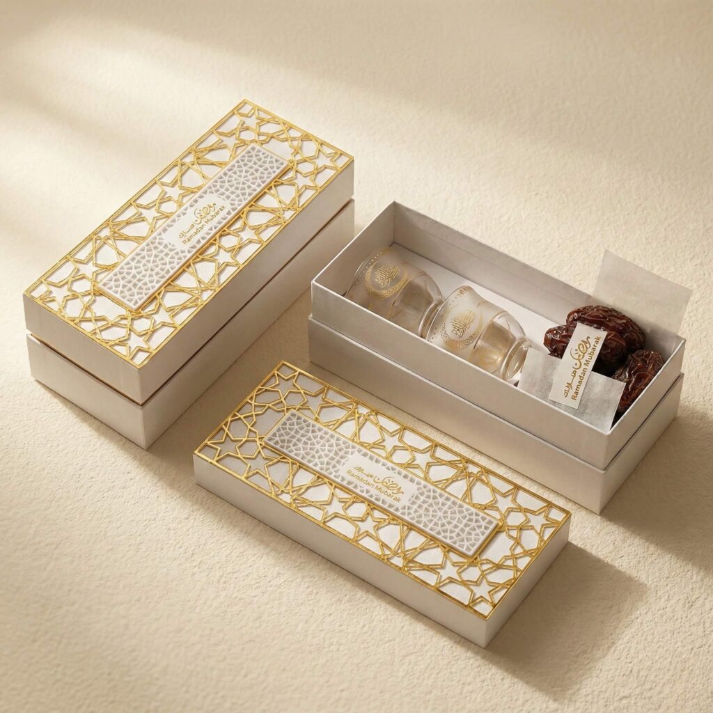 Long white gift box with gold lattice lid containing dates and two glass Arabic coffee cups. Premium Ramadan Gift Sets
