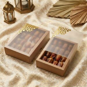 Natural kraft paper box with transparent window and gold foil geometric details.