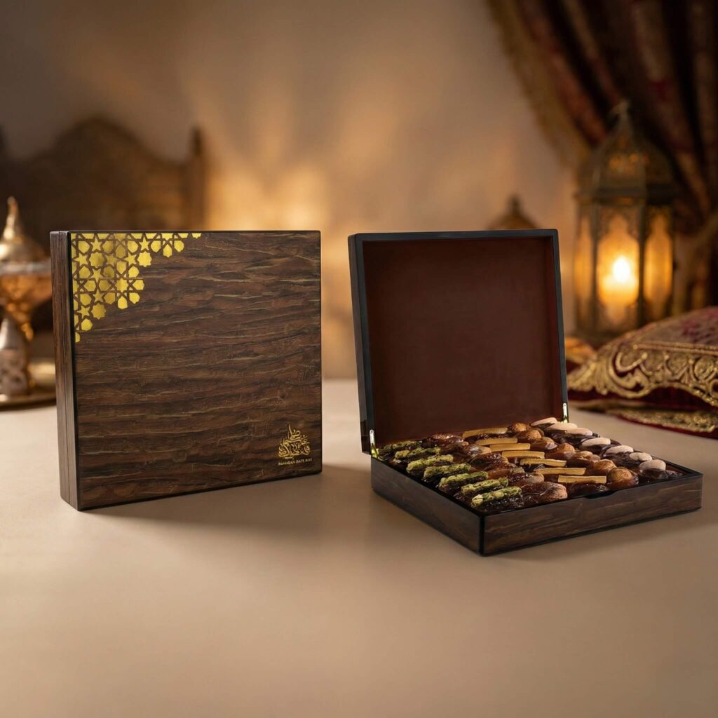 Dark walnut wood finish Ramadan date box with glossy surface and gold calligraphy branding.