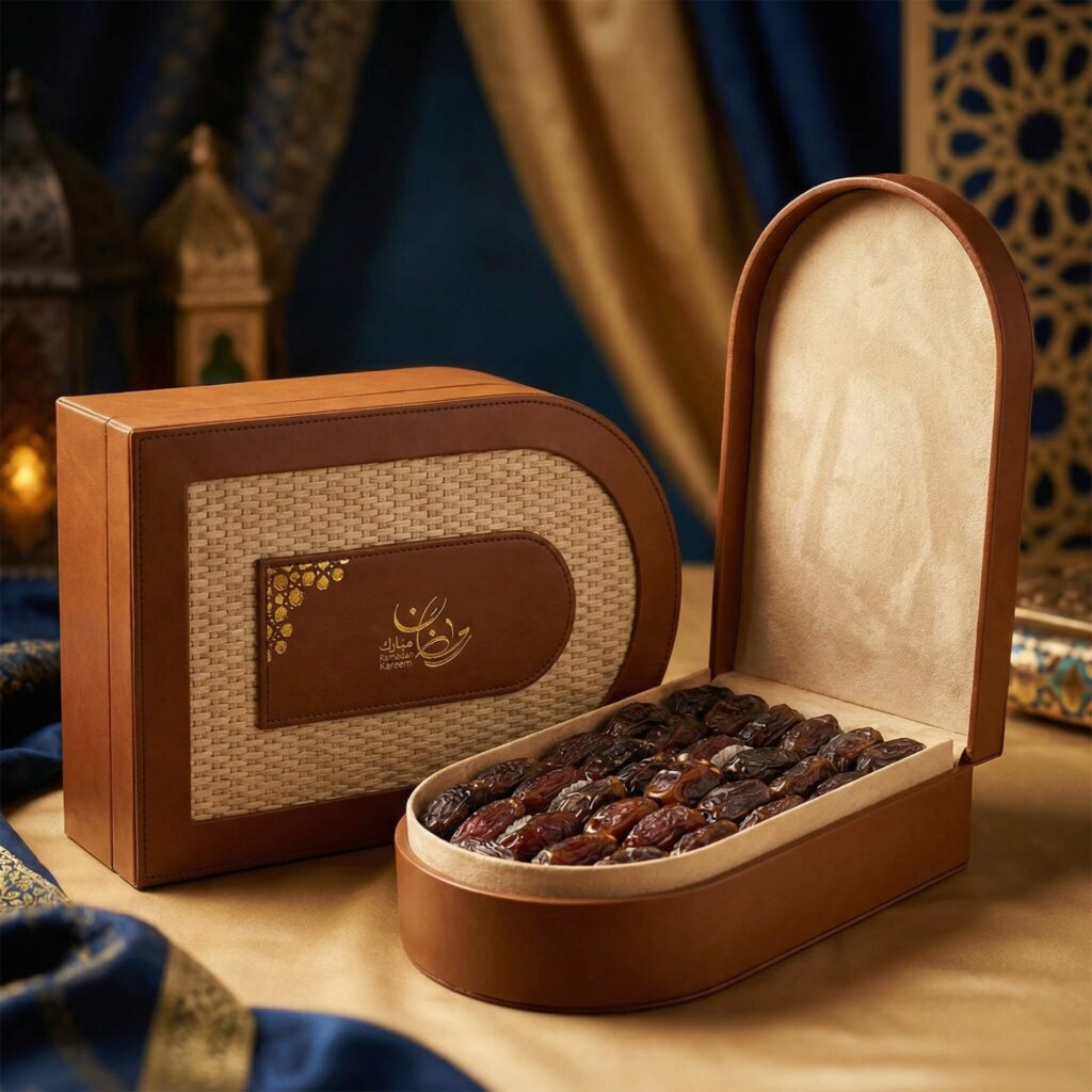 Arch-shaped Ramadan box featuring woven rattan center and brown leather edging. Premium Ramadan Gift Sets