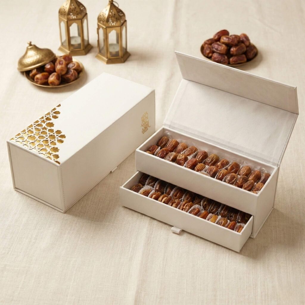 White rectangular Ramadan box with pull-out drawer mechanism revealing two layers of dates.