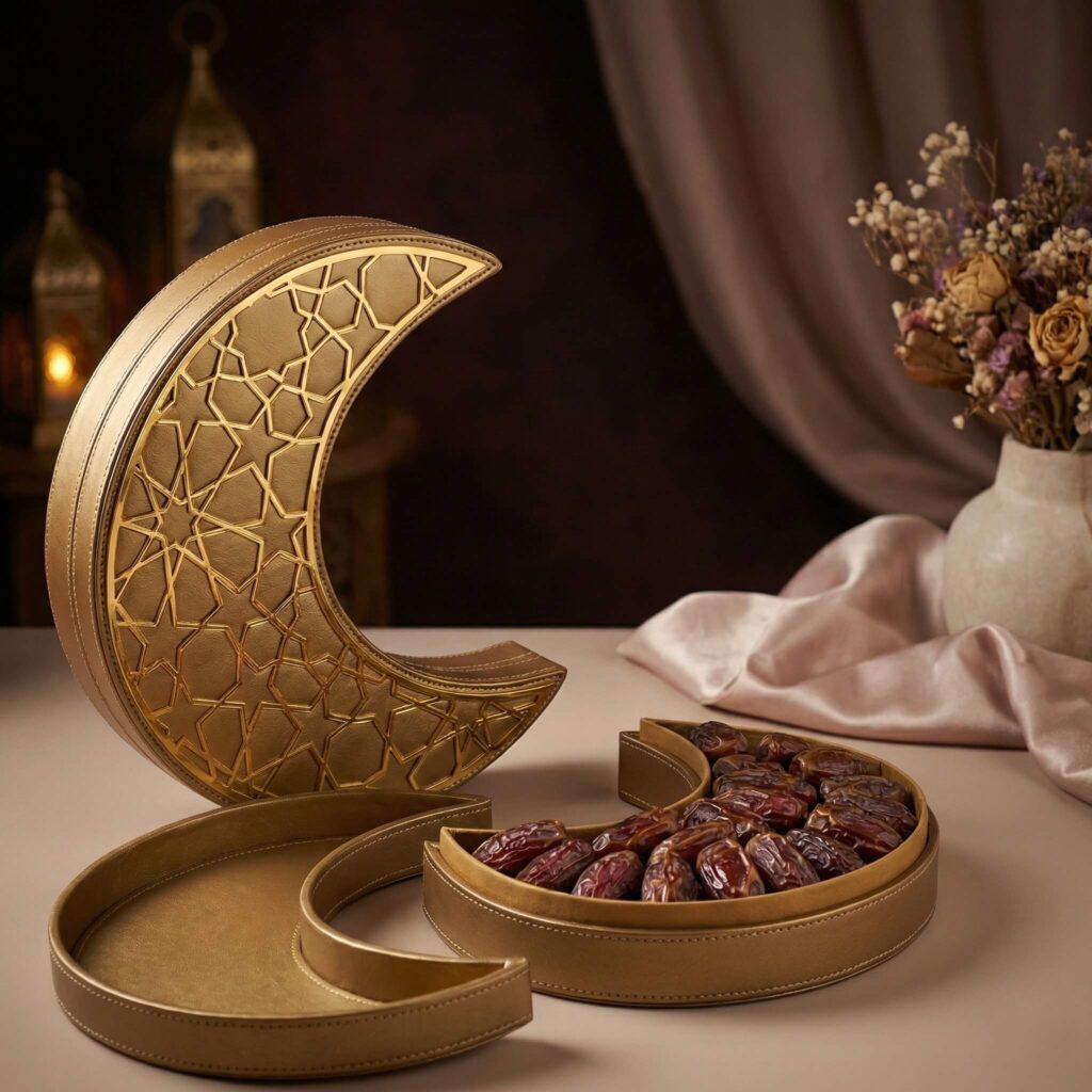 Crescent moon shaped date serving tray in gold and leather with geometric grille lid.