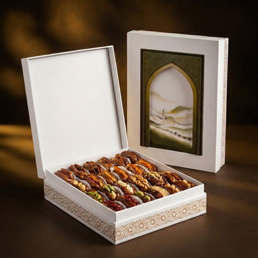 White Ramadan box with a color-printed illustration of a mosque silhouette inside a green arch.