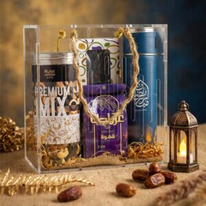 Blessed Essentials Ramadan Gift Hamper featuring mix nuts, premium dates, Turkish coffee, and an insulated travel mug
