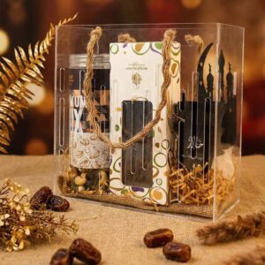 Regal Reflection Ramadan Gift Hamper featuring mix nuts, premium dates, Bakhoor burner, stainless steel coffee cups, and Turkish coffee