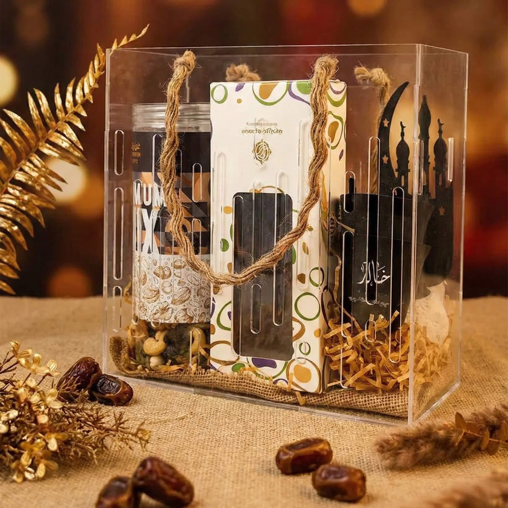 Regal Reflection Ramadan Gift Hamper featuring mix nuts, premium dates, Bakhoor burner, stainless steel coffee cups, and Turkish coffee
