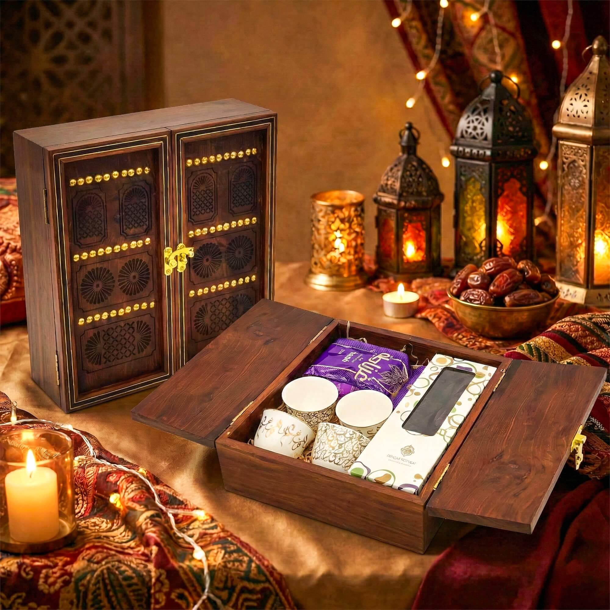 Traditional wooden door gift box open to reveal Arabic calligraphy qahwa cups, dates, and Arabic coffee.