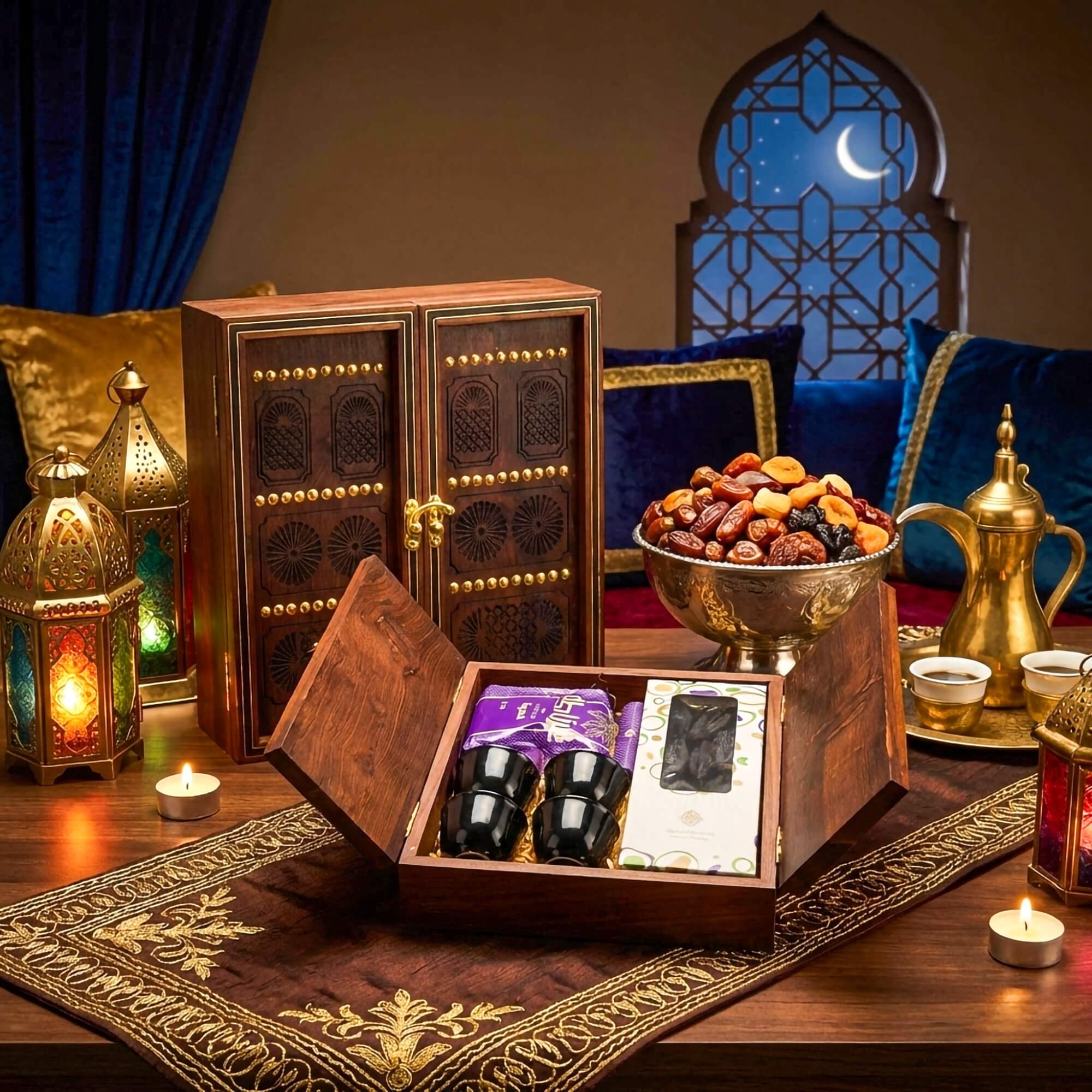 Traditional wooden door gift box open to reveal Stainless steel qahwa cups, dates, and Arabic coffee.