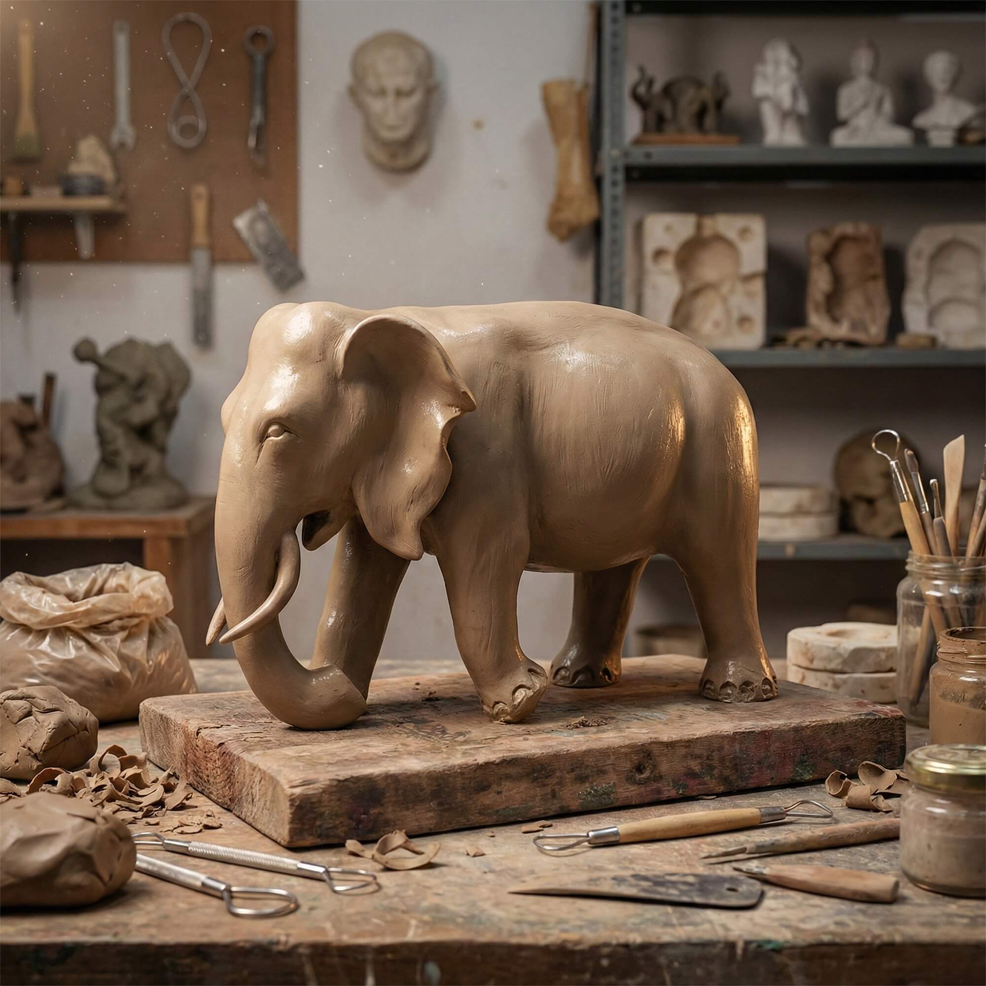 Smooth clay sculpture of a standing elephant on a wooden work board surrounded by loose clay scraps and modeling tools