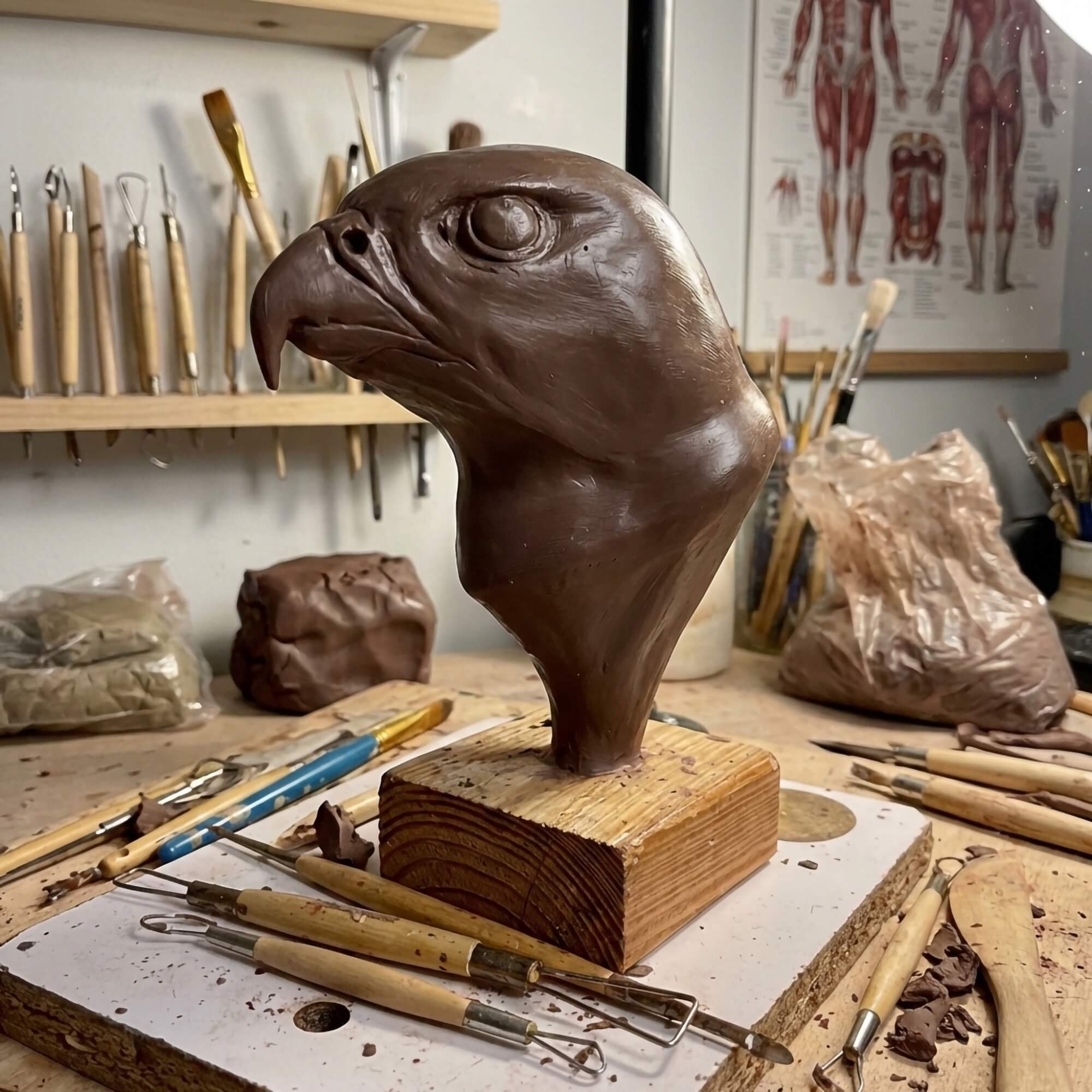 Detailed clay bust of an eagle head on a wooden stand surrounded by various carving and sculpting tools