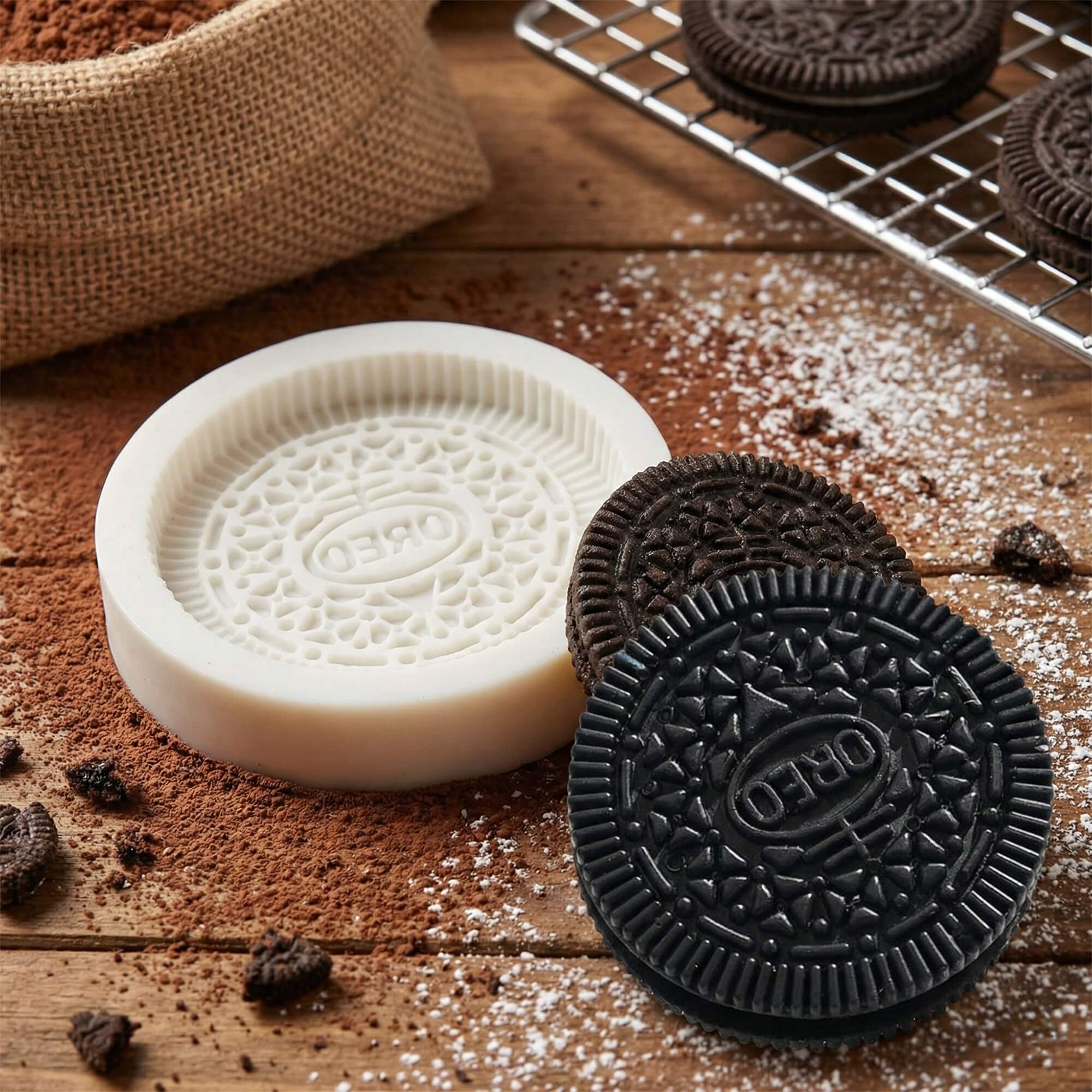 White food-grade silicone mold with an intricate cookie pattern, displayed next to freshly cast black and brown replica sandwich cookies.