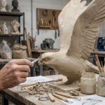 Artisan hand using a loop tool to sculpt the beak and eye of a large clay eagle model with spread wings in a workshop