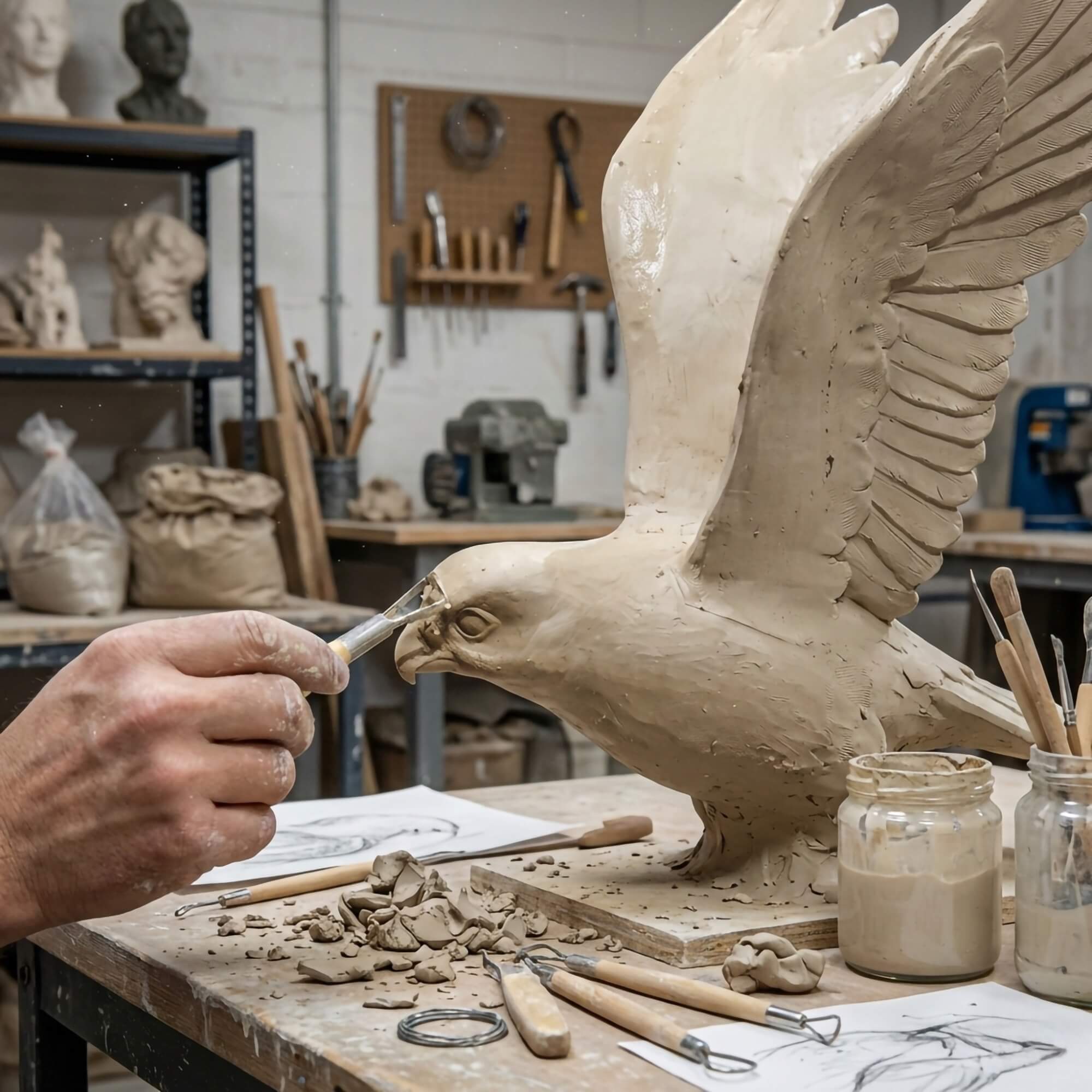 Artisan hand using a loop tool to sculpt the beak and eye of a large clay eagle model with spread wings in a workshop