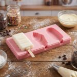 Pink food-grade silicone popsicle mold containing a finished white ice cream bar on a stick, surrounded by sprinkles and chocolate chips.