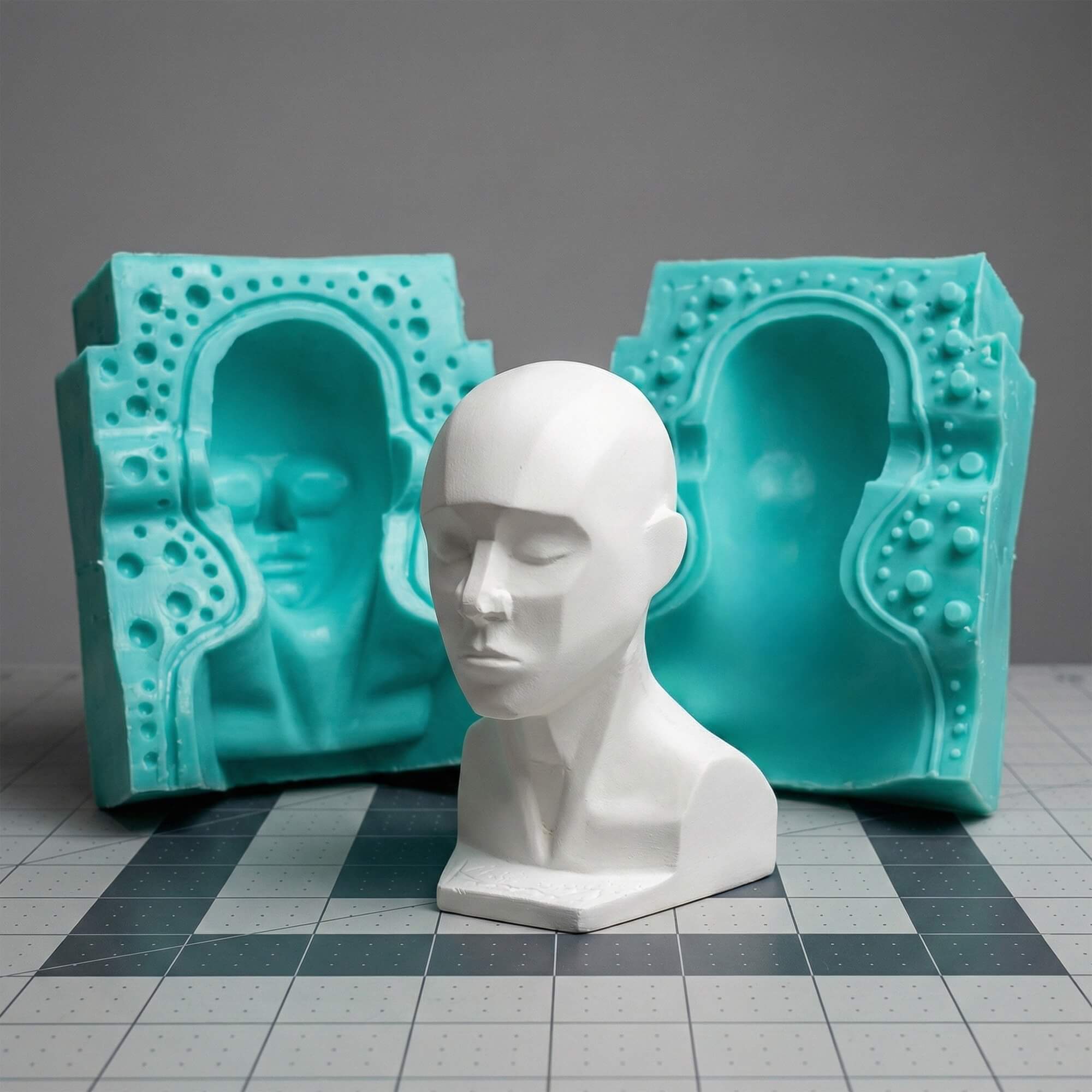Two-part light blue silicone mold and a white sculpted human head bust on a cutting mat.