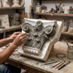 Artist using tools to hand-sculpt detailed acanthus leaves on a clay architectural capital model.