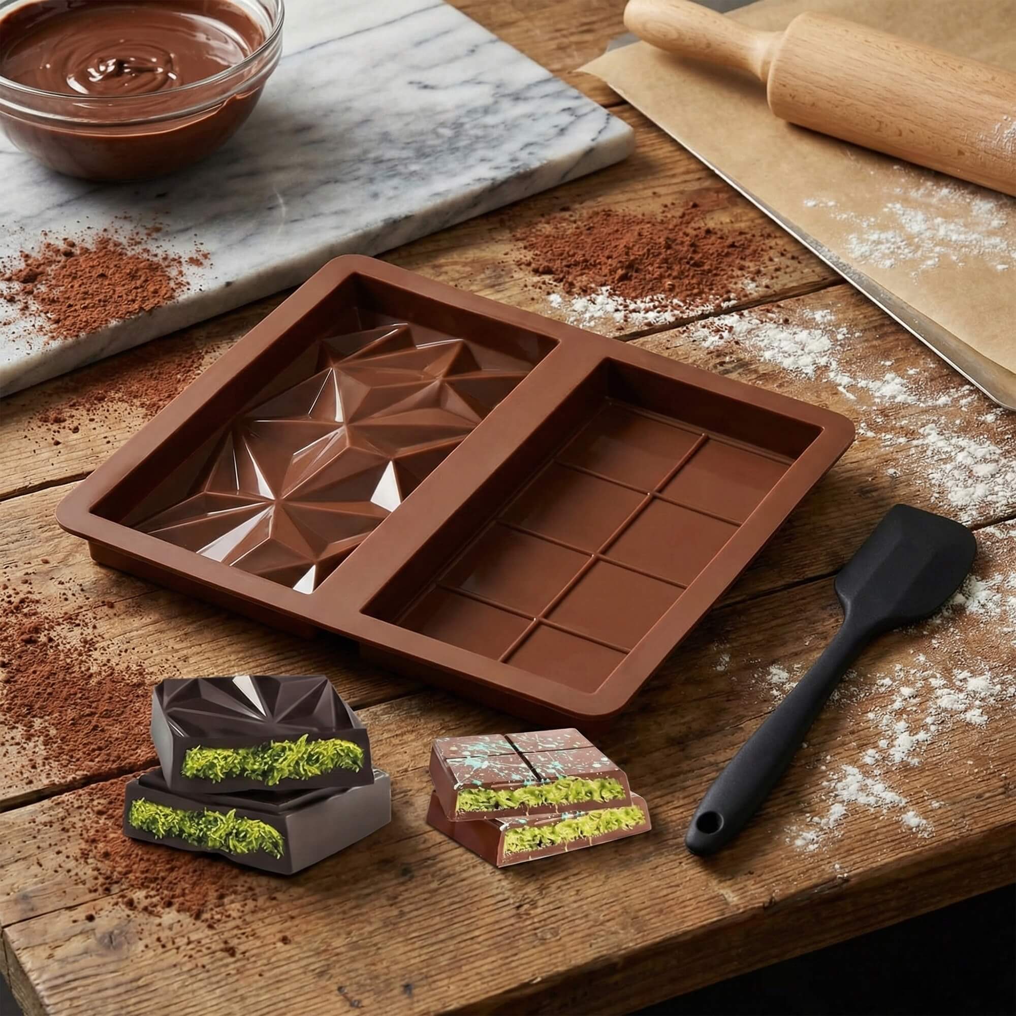 Brown silicone chocolate bar mold with a modern geometric design, positioned