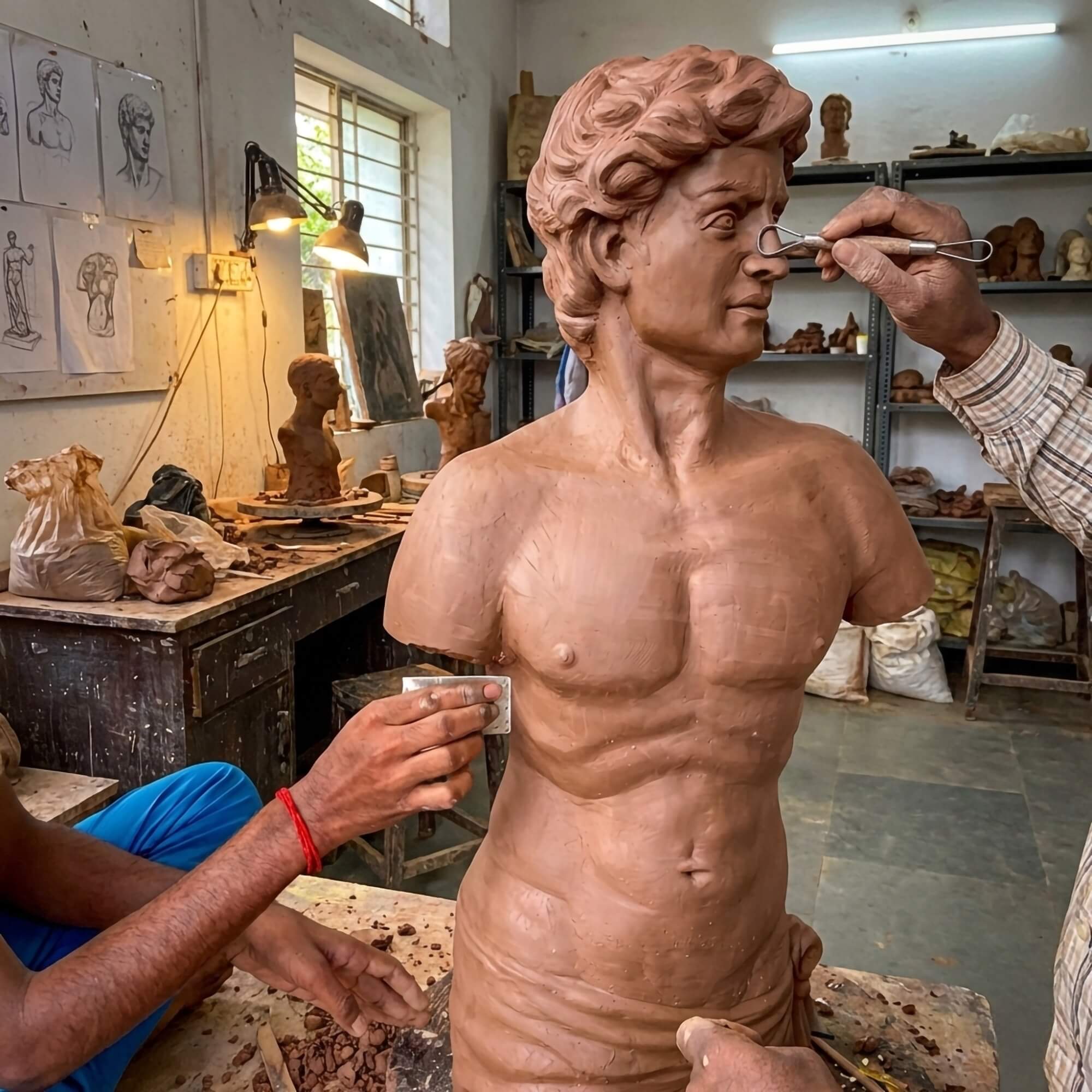 Two artisans using metal scraping tools to smooth and detail a large clay bust of a classical male figure in a production studio
