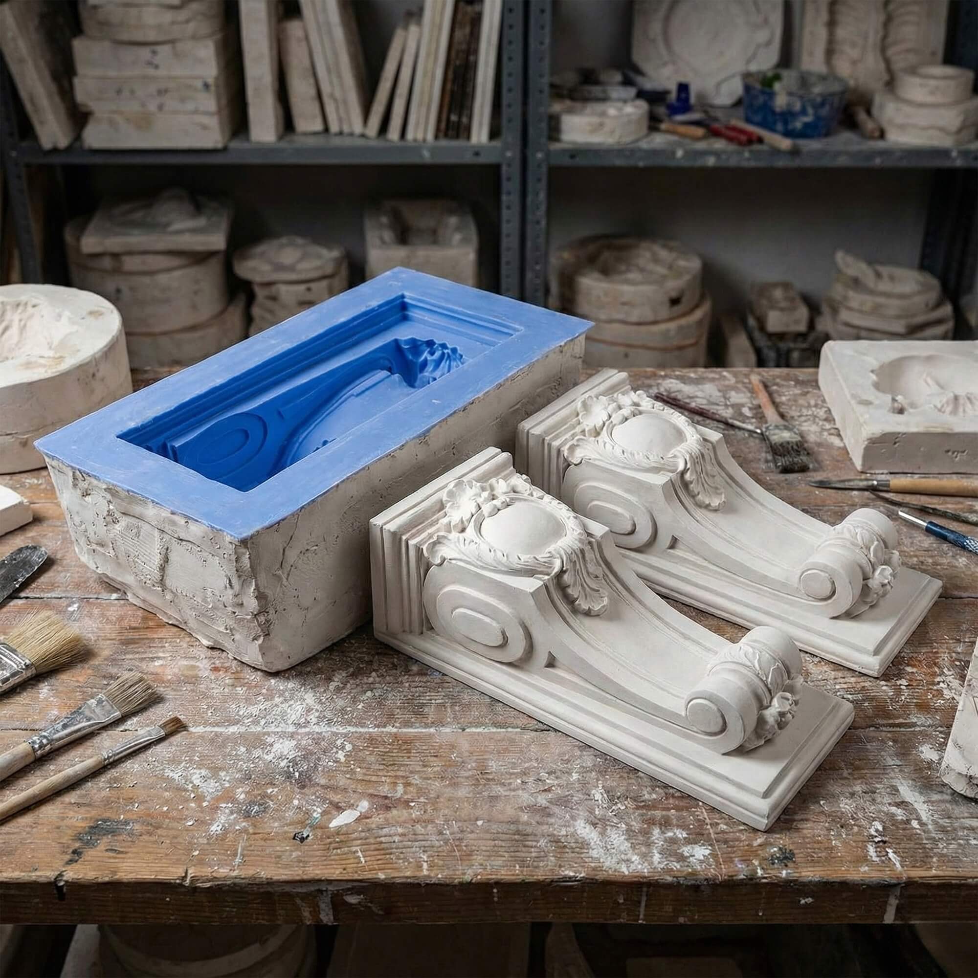 Blue silicone mold inside a plaster jacket next to two finished white gypsum architectural corbels.