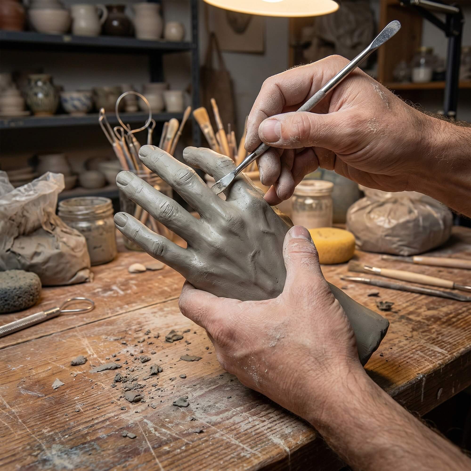 Hands using a metal sculpting tool to carve fine wrinkles and veins into a realistic clay human hand model.