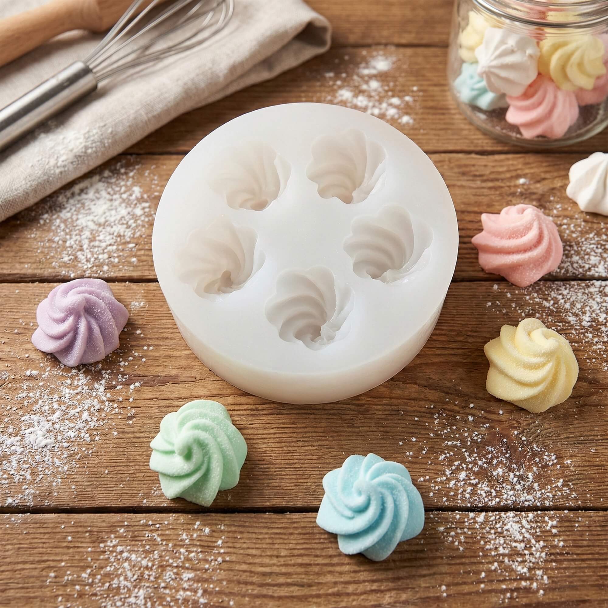 White silicone baking mold featuring five swirl cavities, surrounded by pastel-colored finished meringue or chocolate treats on a wooden table