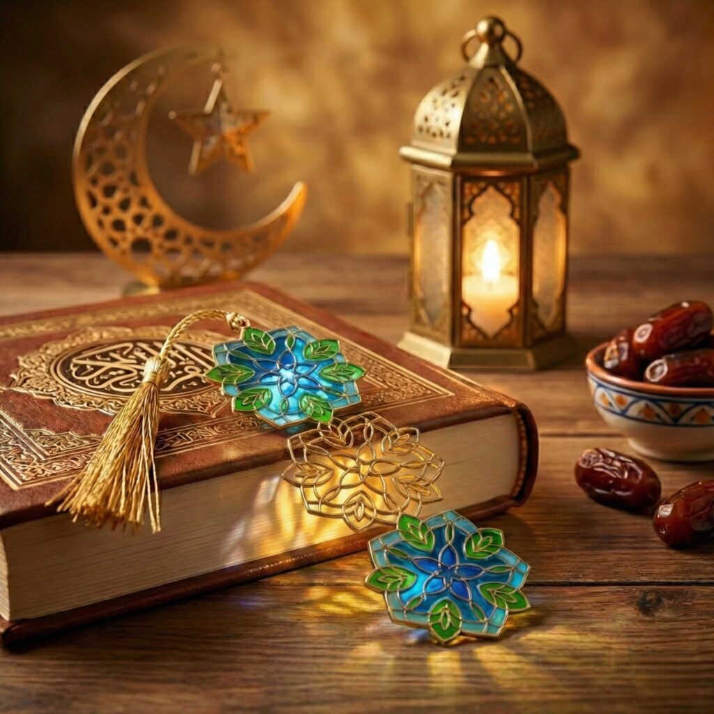 Gold metal bookmark with translucent green and blue floral enamel design resting on a brown Quran.