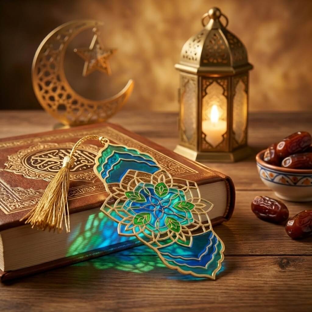 Arch-shaped metal bookmark with teal and blue translucent enamel and gold metal on a Quran.