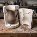 Open two-part white gypsum mold for ceramic slip casting with a brown clay pitcher model inside.