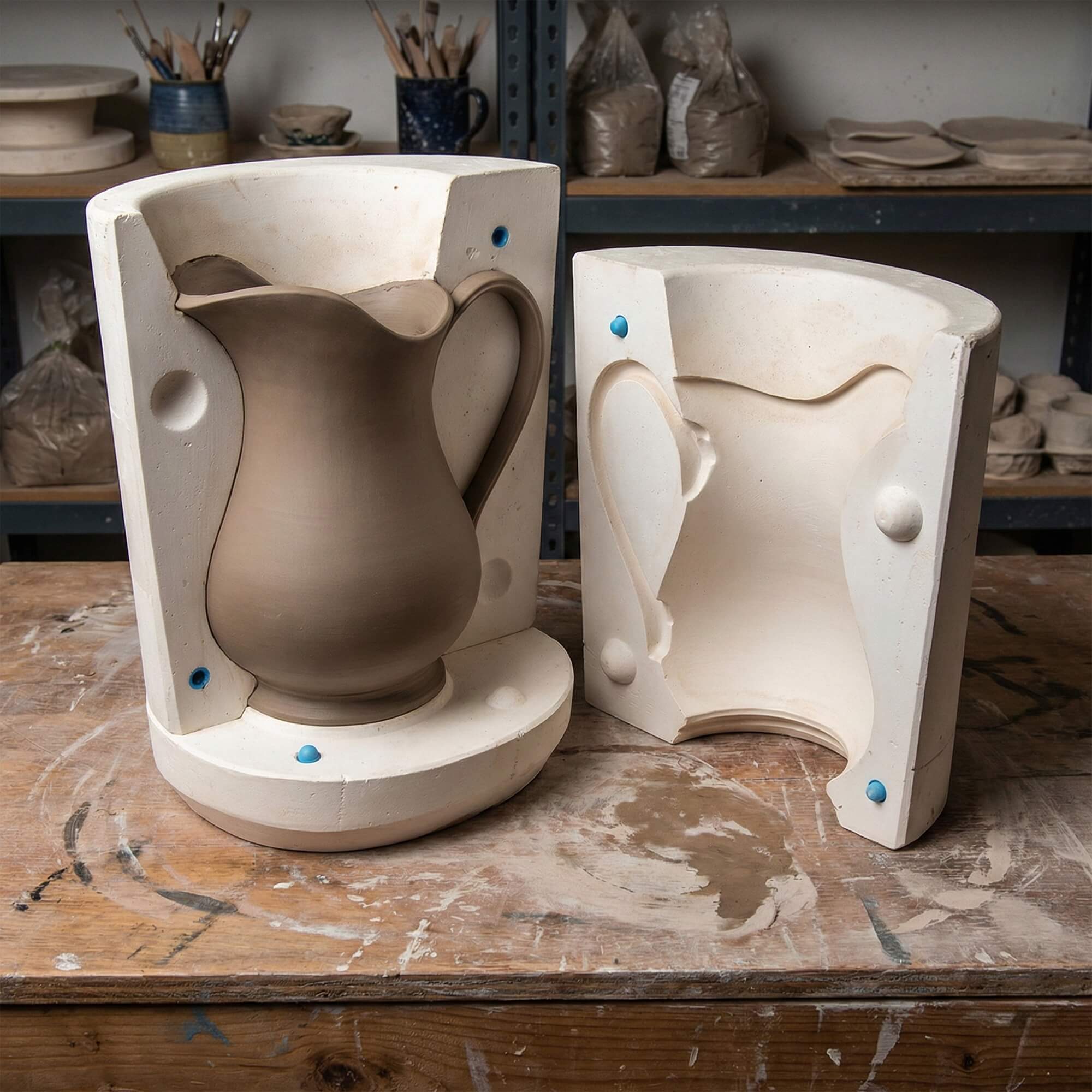 Open two-part white gypsum mold for ceramic slip casting with a brown clay pitcher model inside.