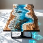 Live-edge wood table featuring a realistic 3D ocean wave scene cast in blue and clear epoxy resin with white foam details.